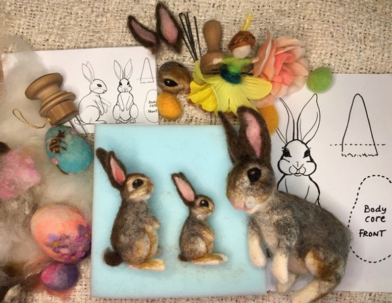 Easter Bunny production line with bunnies, daffodil fairies and needle felted eggs!