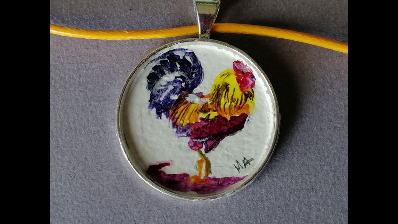 ORIGINAL rooster painting on a 30mm pendant
