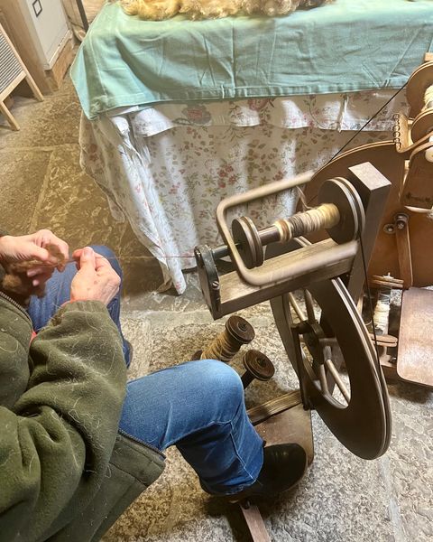 Denise showing the group how to spin North Ronaldsay wool. 