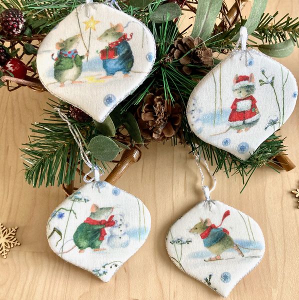 Set of four hand crafted cute winter mouse design baubles