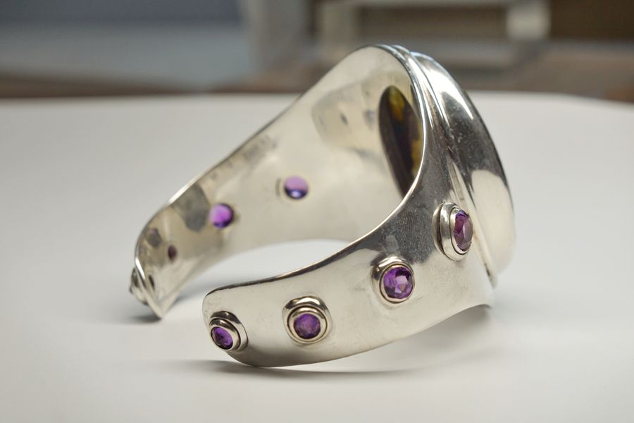 Laboradite Cuff with Amethyst studs 