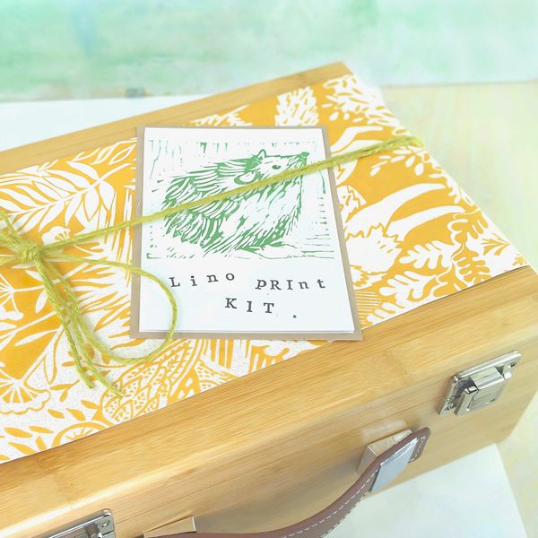 woodland theme lino print kit with handprinted vintage postcard