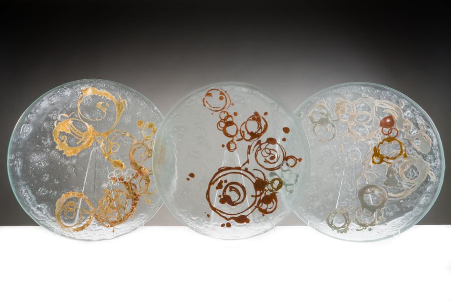Triptych of large bowls using mica inclusions