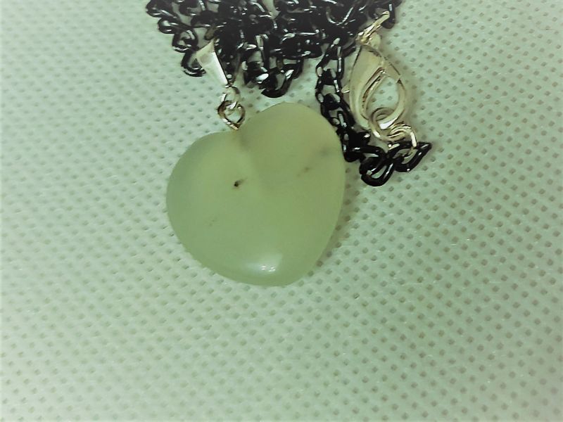 Genuine Gemstone Green Calcite Heart puff pendant with Black Chain