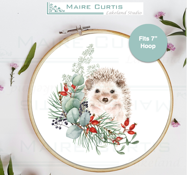 Cute winter hedgehog printed cotton panel for embroidery or quilting