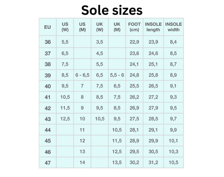 Sneaker rubber sole sizes