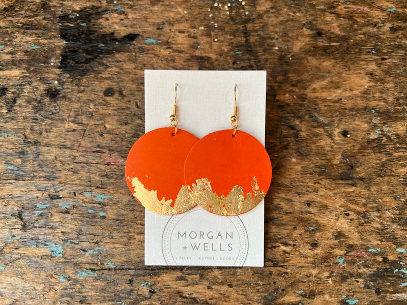 Orange 'Nova' Leather and gold leather earrings
