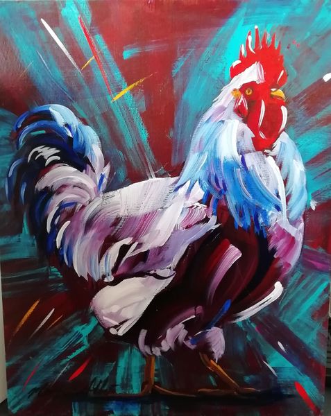 vibrant rooster in acrylic