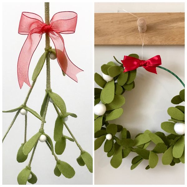 Felt Mistletoe Sprig and Wreath mae with 100% wool.  Topped off with a red organza ribbon