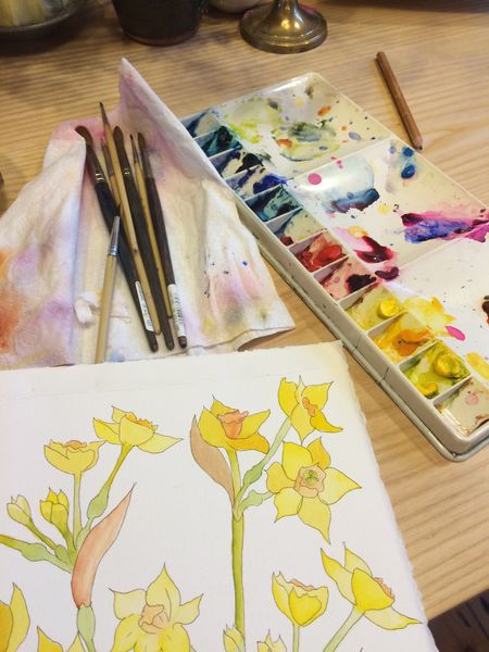 Students work on Janet Edwards Watercolour Flower class at Cambridge Art Makers