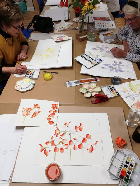 Students on Watercolour flower class at Cambridge Art Makers