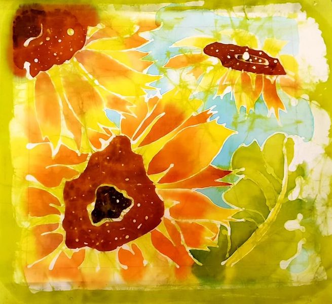 Soft sunflowers created on the full day Batik workshop.