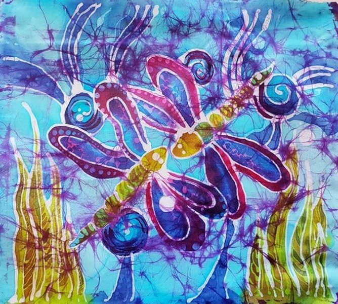 Dragonfly textile batik work with pink crackle effect.  made by Melanie from Crafts in the Valley.