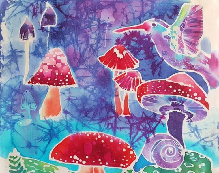 A magical Batik with humming bird and toadstool. Made by a beginner on the Batik workshop.