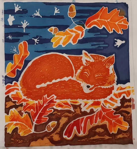 I love this sleepy fox Batik, surrounded autumnal leaves and acorns.  A beautiful illustration.