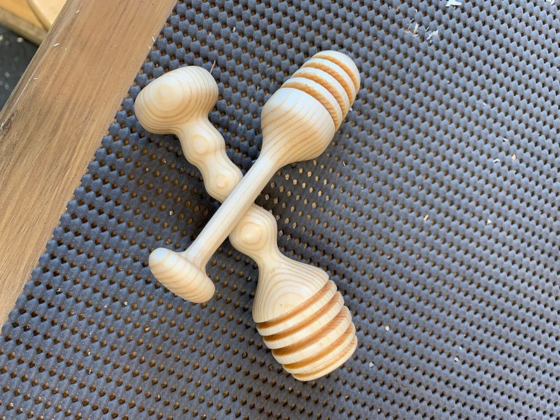 Honey dibbers made during the morning woodturning workshop.