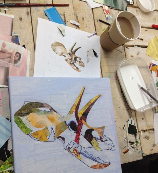 A dinosaur taking shape in collage form.  Tea, coffee and squash provided (and biccies if you're good...!)