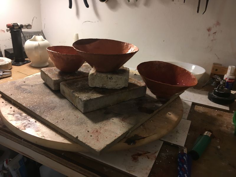 Copper bowls in progress from three students