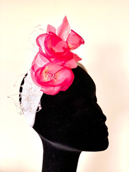 Contemporary halo sinamay headpiece with student's own purchased silk flower trim. 