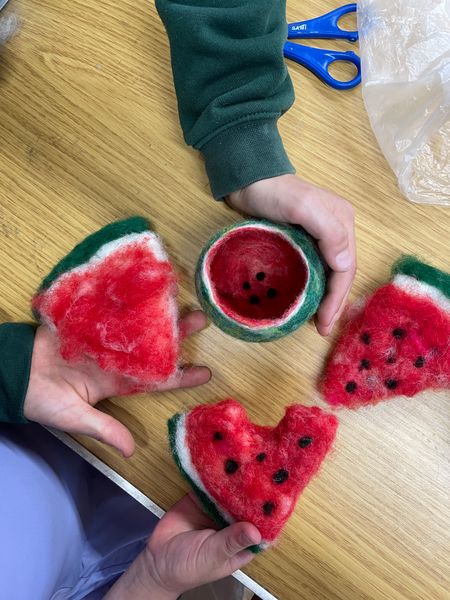 Water melons wet felted and needle felted by 9-11 year olds!