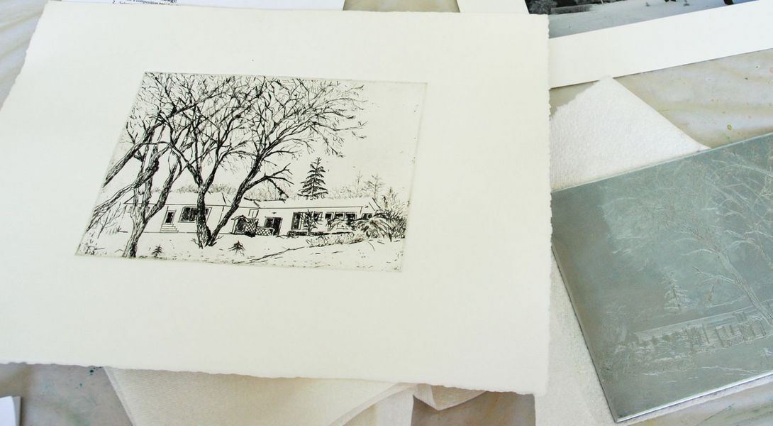 Drypoint print on paper with zinc plate