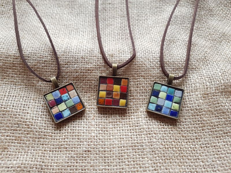 square pendants made with ceramic micro tiles