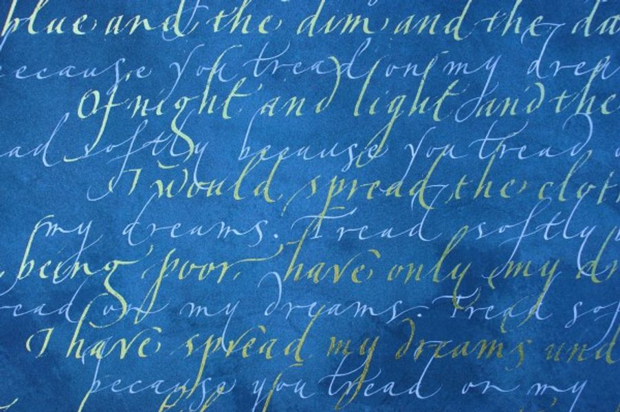 'Cloths of gold' free cursive italic calligraphy written with gum ammoniac and transfer gold leaf on acrylic wash background