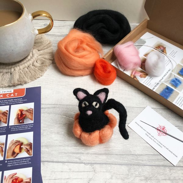 Needle felting kit box with model of a felted black cat