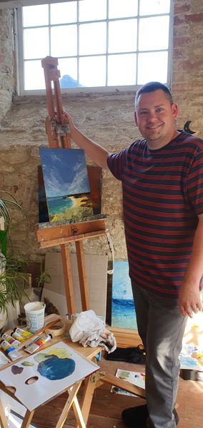 Trevor and his painting of a favourite seascape, acrylic on canvas board.