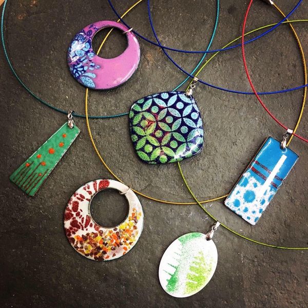 A selection of enamelled pendants, just some of the techniques we'll learn