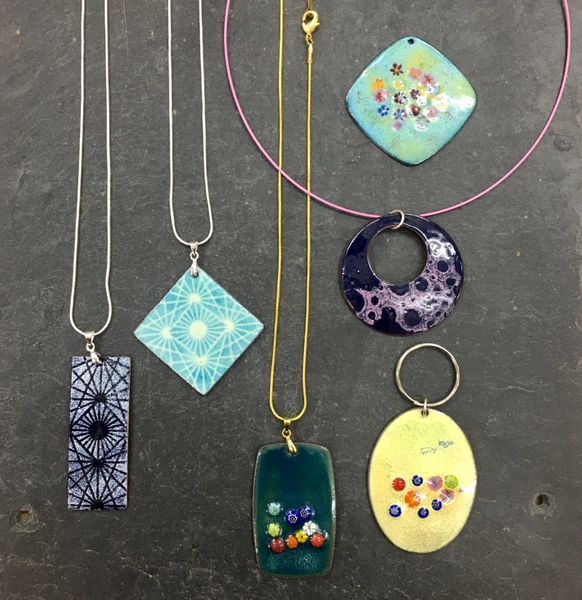 Enamel on copper jewellery made on the beginners day course at Rainbow Glass Studios 
