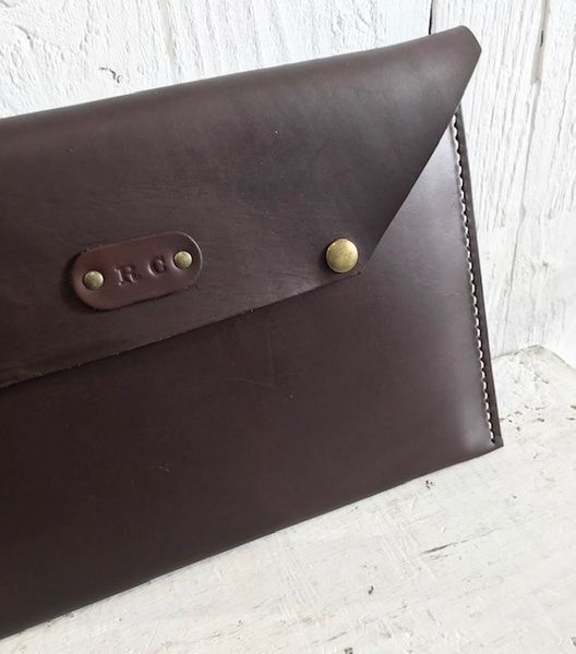 Robert's hand stitched getable tanned leather laptop case with embossed initials & popper fastenings