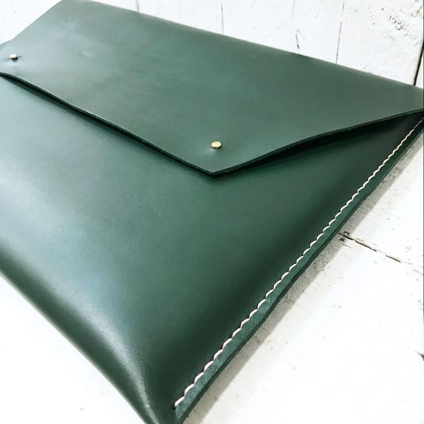 Bottle green leather hand stitched laptop case