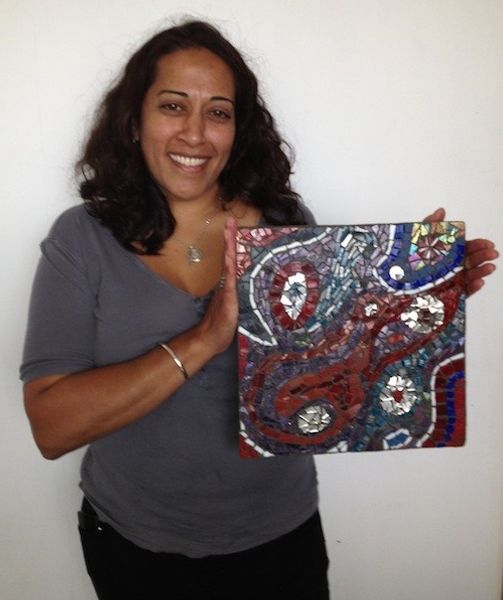 Amrit, satisfied with her finished mosaic with Claire Cotterill @ The Custard Factory, Birmingham, West Midlands