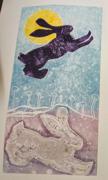 linocut hares, students work