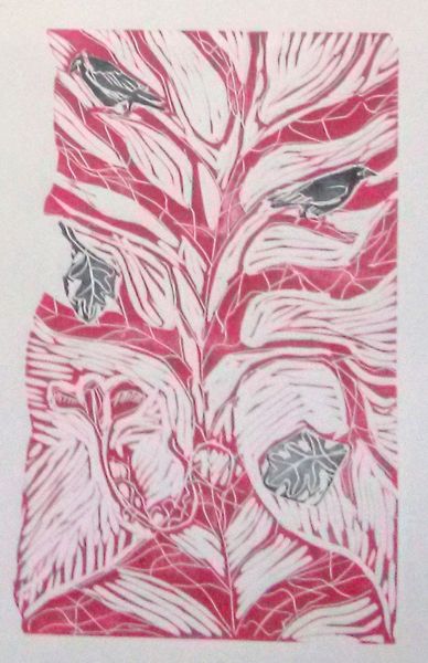 linocut tree and birds, students work