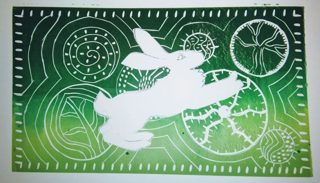 linocut hare and circles, students work