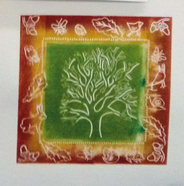linocut tree with border, students work
