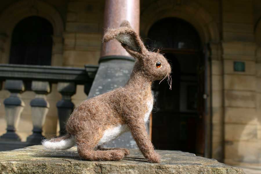 One of my needle felted hares in front of the Birchcliffe centre