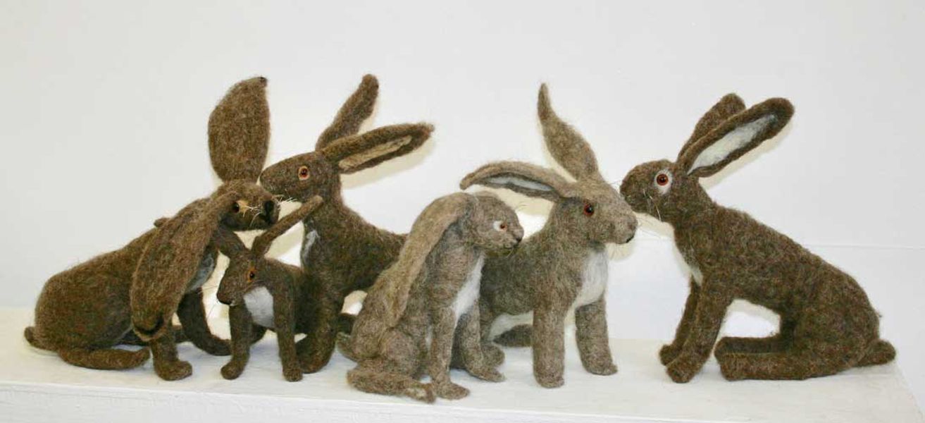 Several hares made by students during the workshop