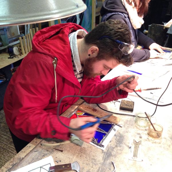 A beginner soldering his panel one very wintry afternoon