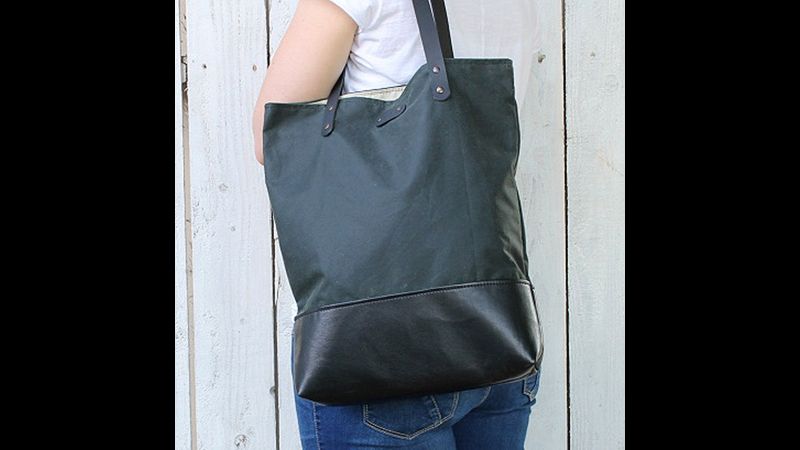 Waxed cotton and black leather tote bag