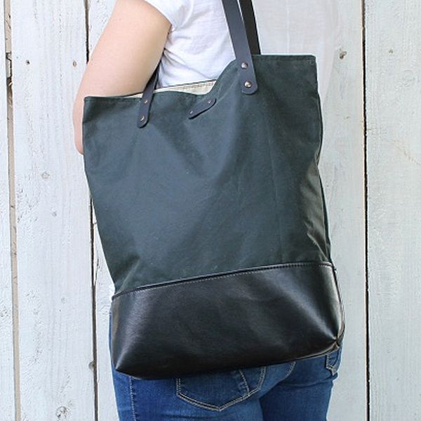 Waxed cotton and black leather tote bag