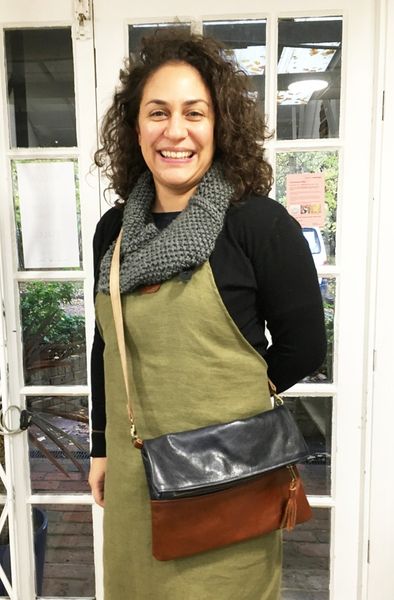 cross body bag modelled by the maker on the One Day Bag Workshop in Cranleigh in Surrey