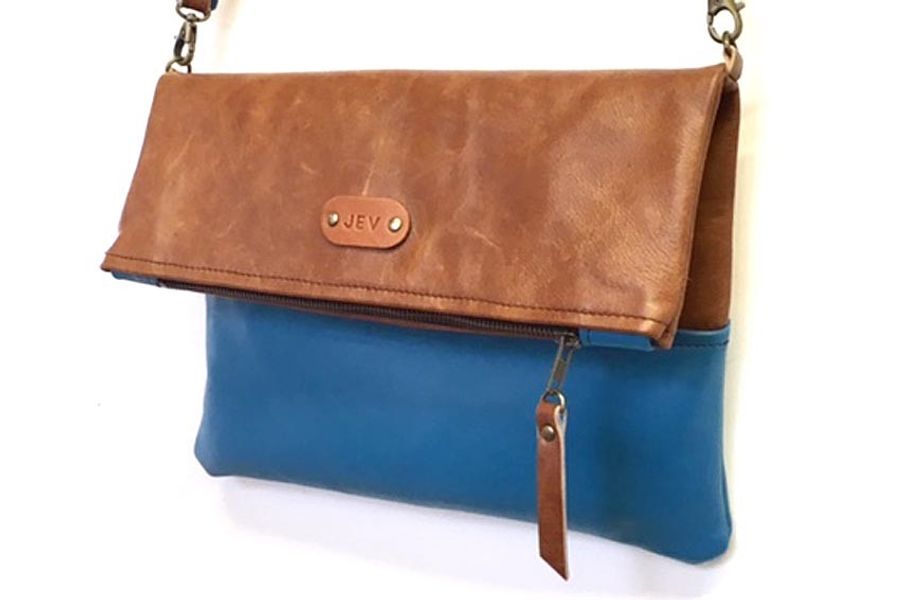 tan & turquoise fold over clutch/cross body bag