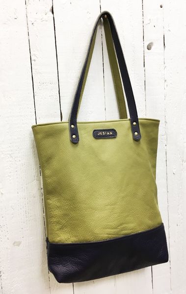 Olive and purple leather tote bag