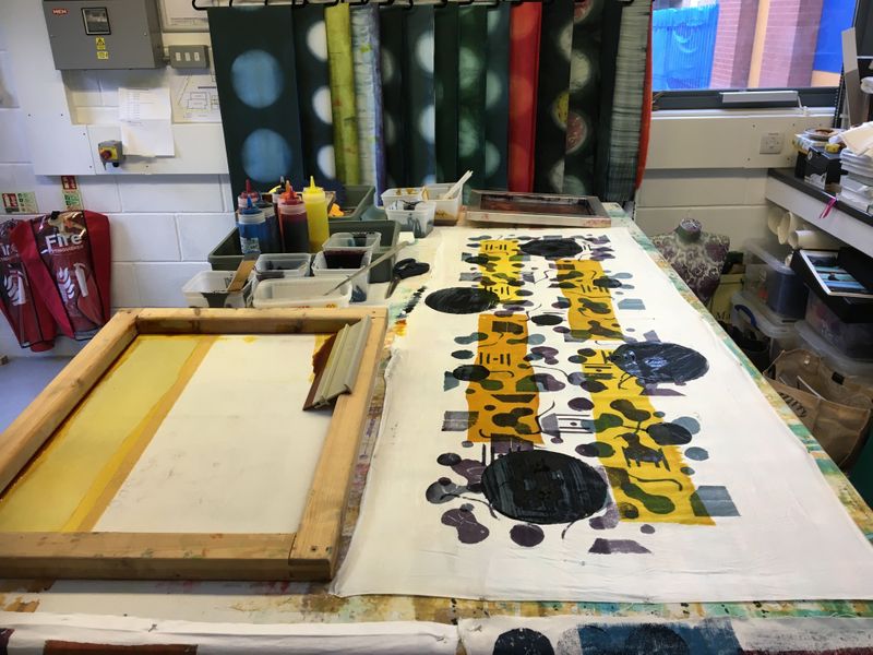3 coloured stencil screen printing in studio