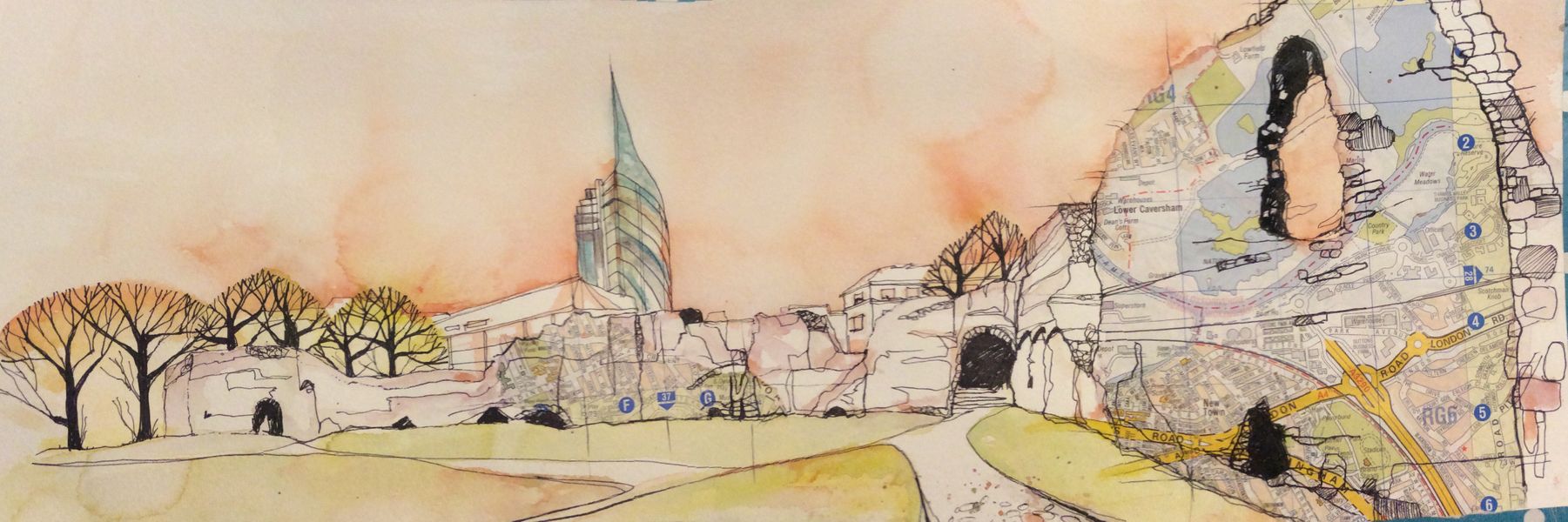 Pen, wash and collage is a different take on the urban landscape - here the Reading skyline
