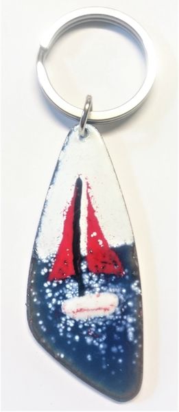 Enamelled key fob decorated wtih stencilled enamel powders