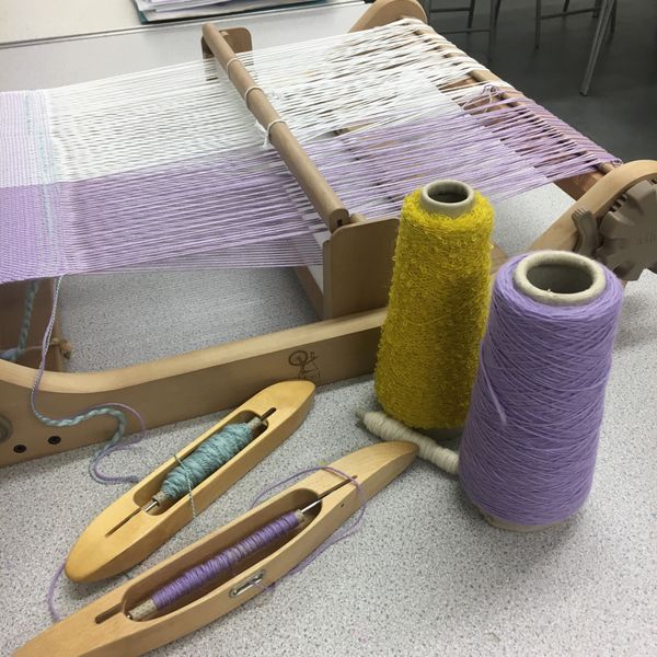 Rigid heddle loom set up for workshops